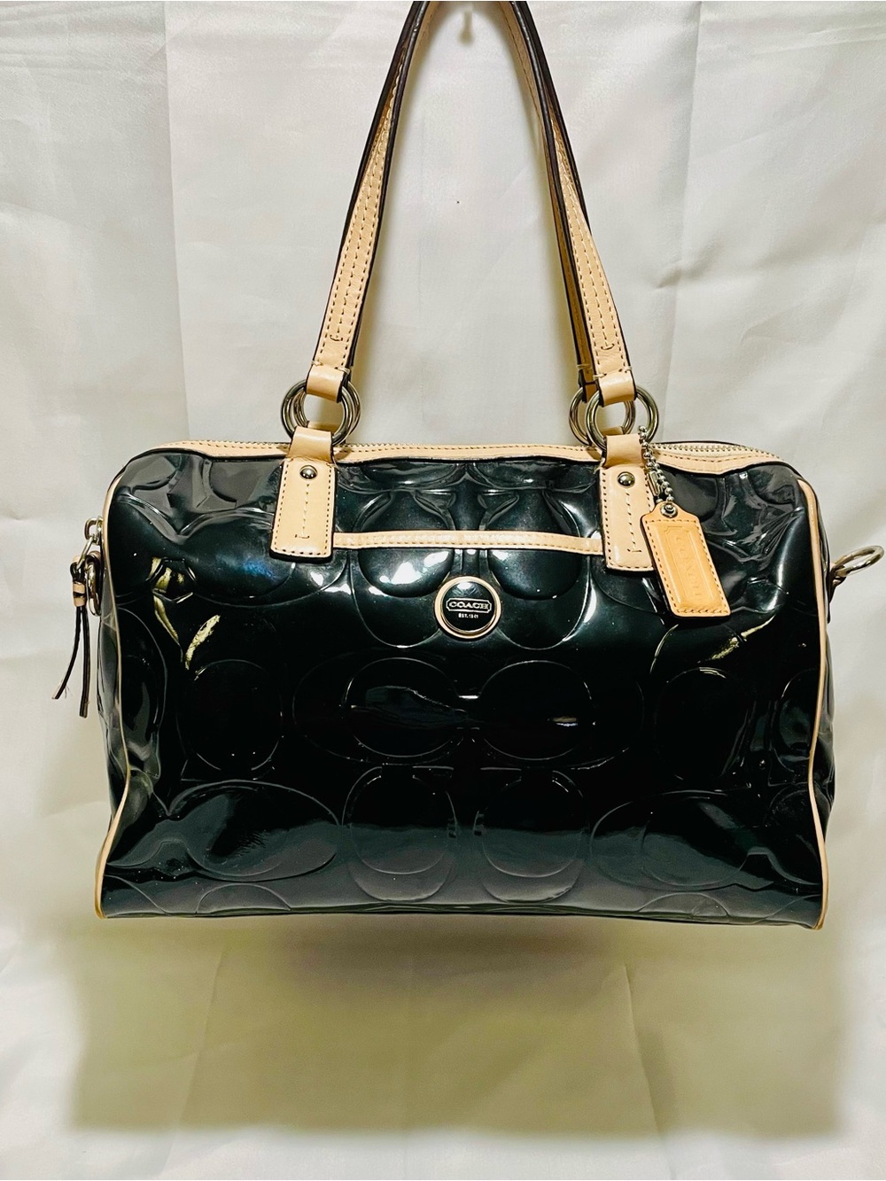 Coach Peyton Signature Stripe Embossed Patent Leather Satchel
